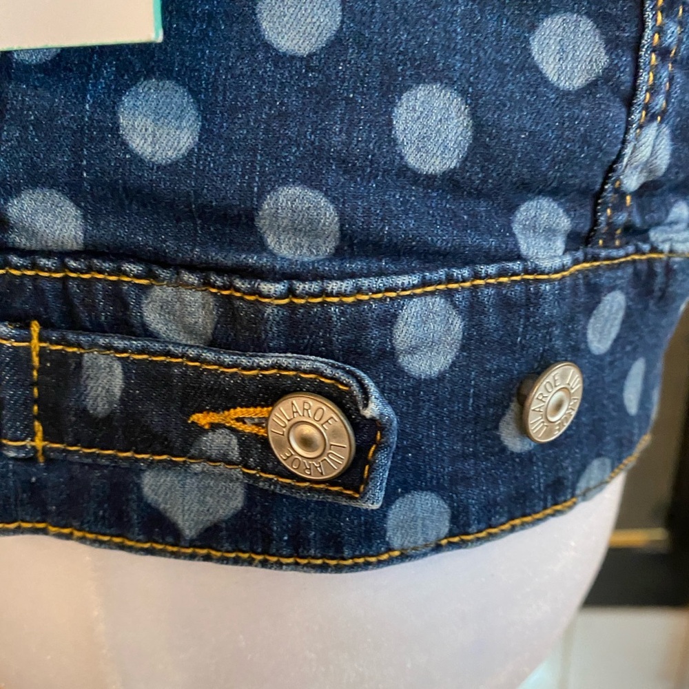 LulaRoe Kenny Denim Jacket Polka Dot, Hearts, Dark/Light Blue, Size Extra Small - Picture 7 of 13